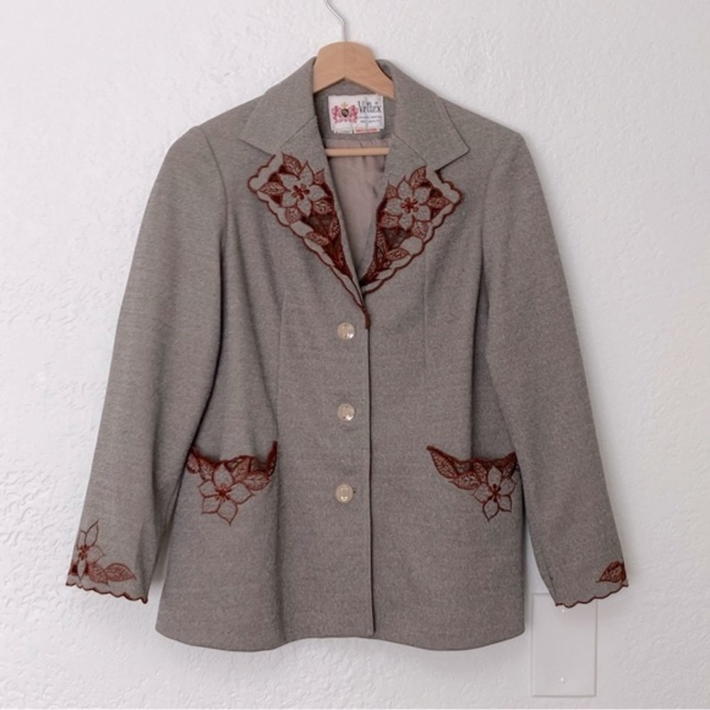 Vtg Veltex Gray Brown Floral‎ Accented Suit Jacket, Size XL